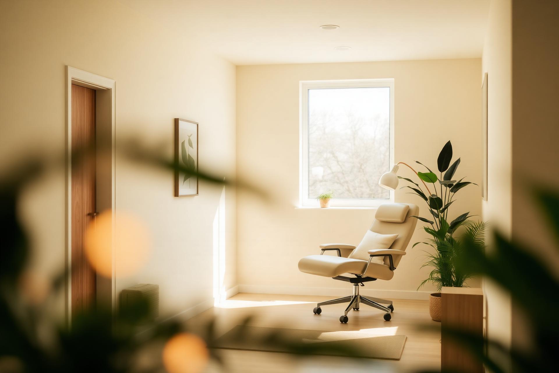 A calm, sunlit clinic interior with warm neutral tones
